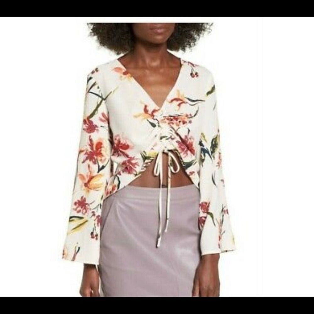 Leith Top blouse Nordstrom Top Ruched Front Top Long Sleeves Floral Print SZ SM